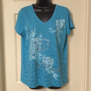 St. John’s Bay Blue Floral Embellished V-Neck Short Sleeve T-Shirt Women’s L